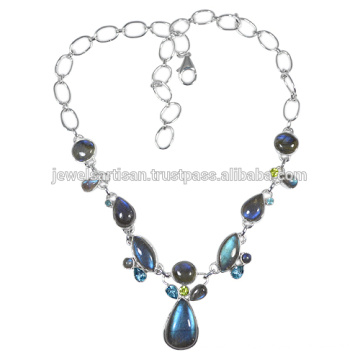 Labradorite E Multi Gemstone 925 Solid Silver Necklace